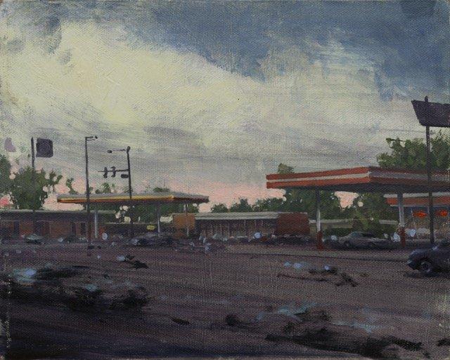 Daniel Sprick, “Gas Station on Federal Blvd.,” 2016, oil on board. Collection of the artist.