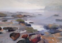 An Unguarded Moment PleinAir Salon - Maria Josenhans (Canada), “Endless Agate Beach,” Oil, 36×60 in.