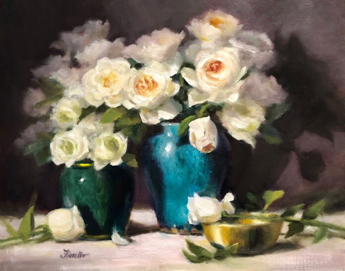 Pat Fiorello, "Winter Wonderland," oil, 16 x 20 in., still life painting