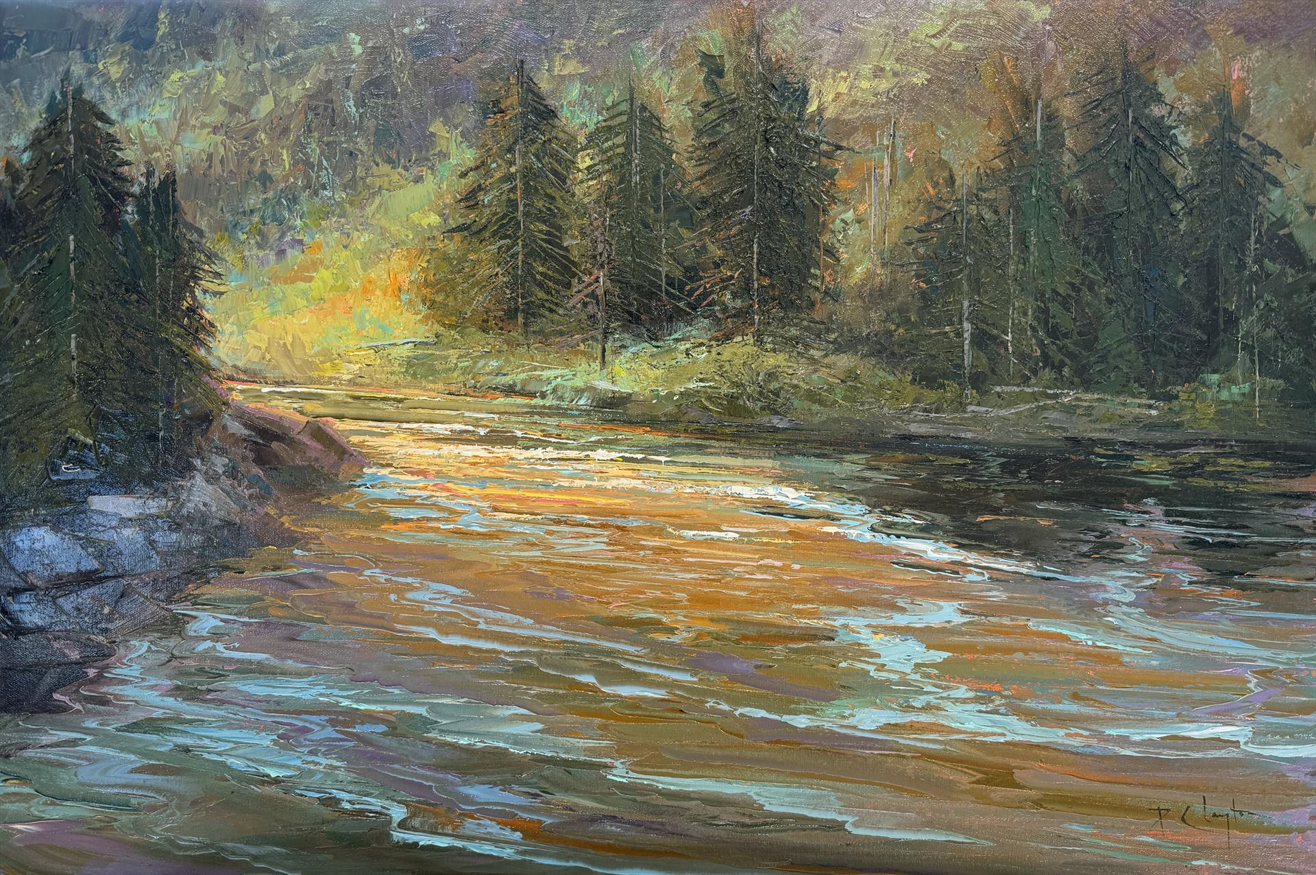 Pat Clayton, "Sunrise in Tumwater Canyon," oil, 20 x 30 in.