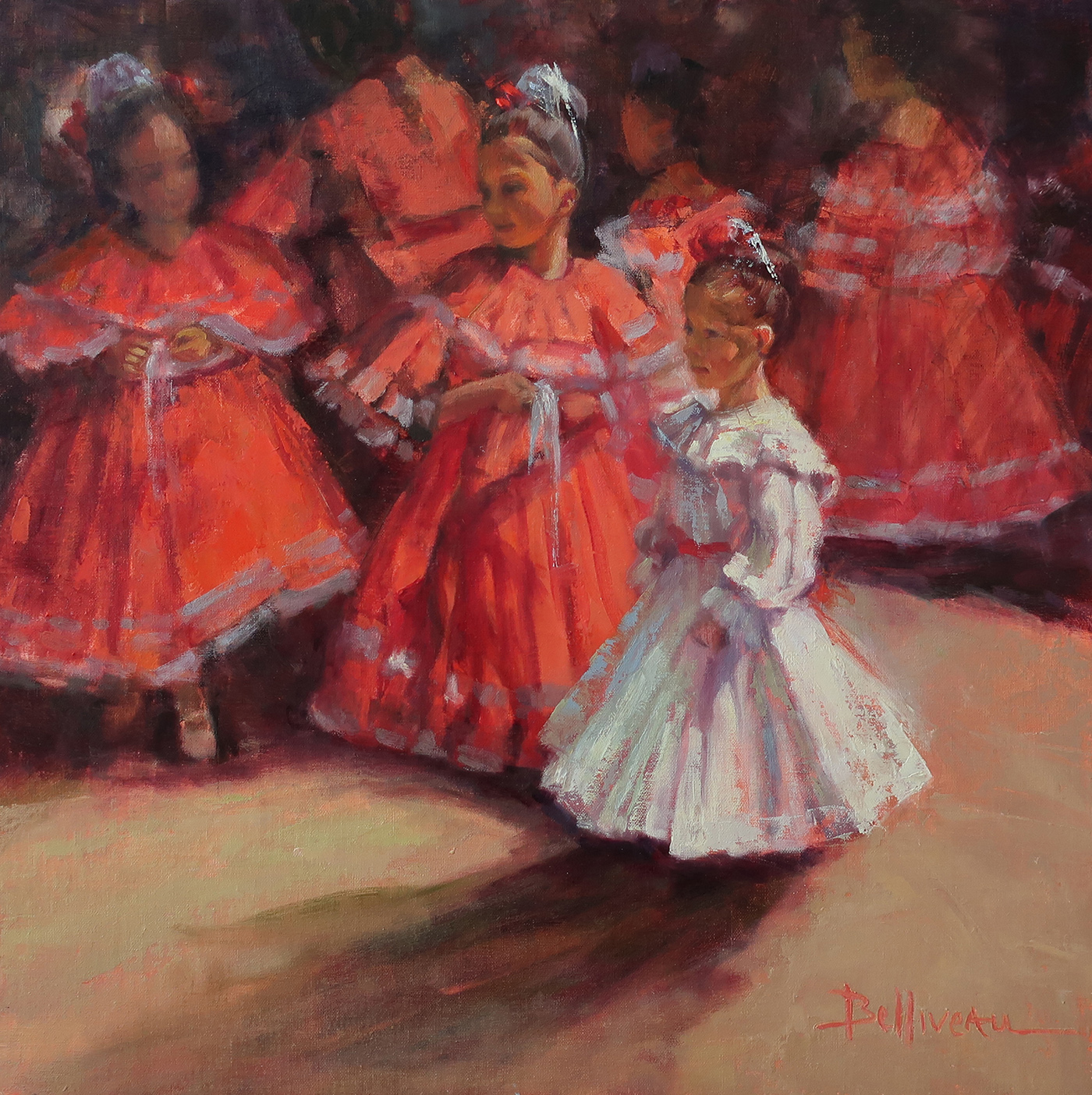 oil painting of dancers in red-orange dresses with one in white dress