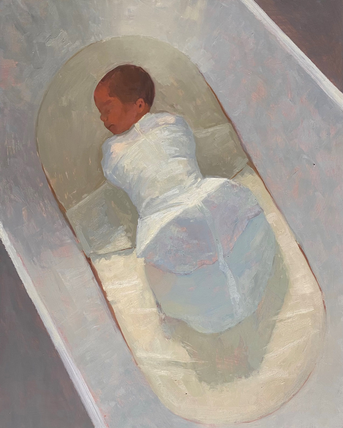 oil painting of baby sleeping in bassinet 
