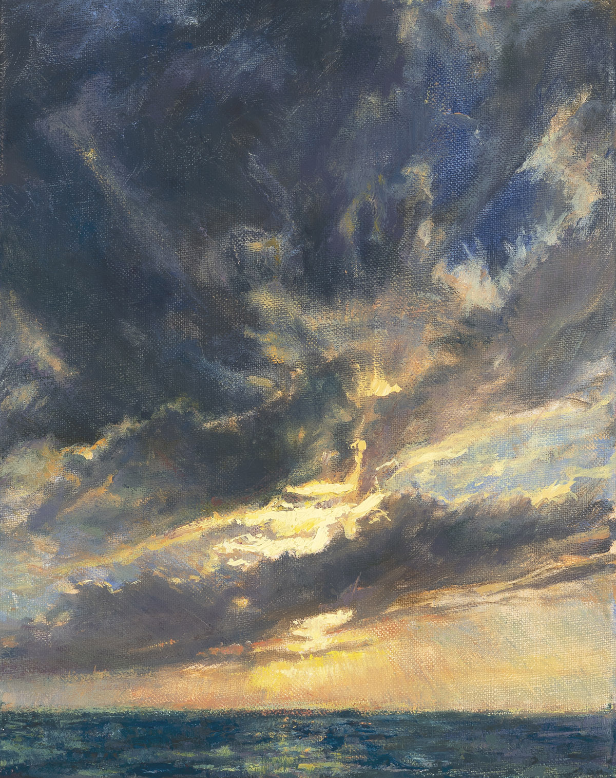 oil painting of seascape with sun shining through clouds