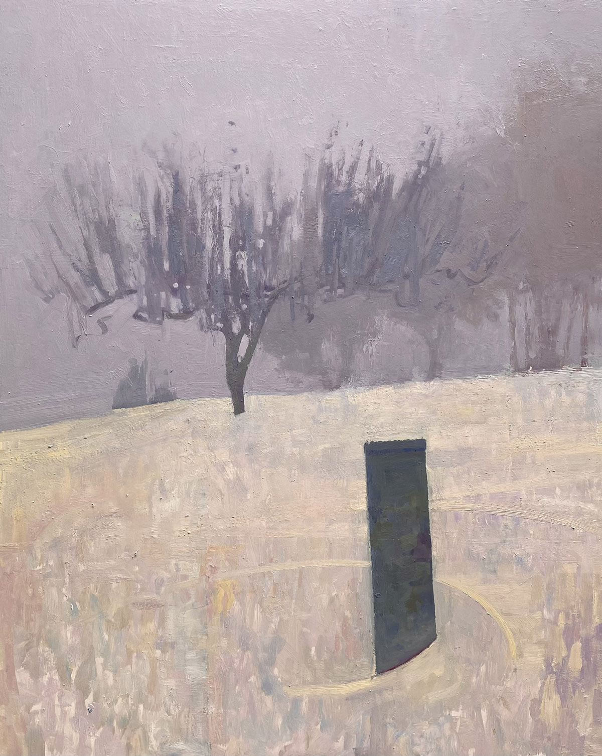 oil painting of winter snow scene with bare trees in distance; lone fence post in foreground