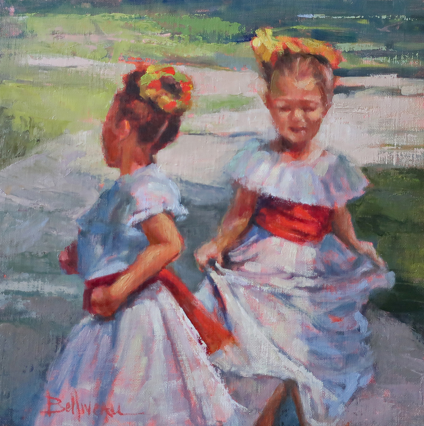 oil painting of two children in white dresses with red sashes dancing 
