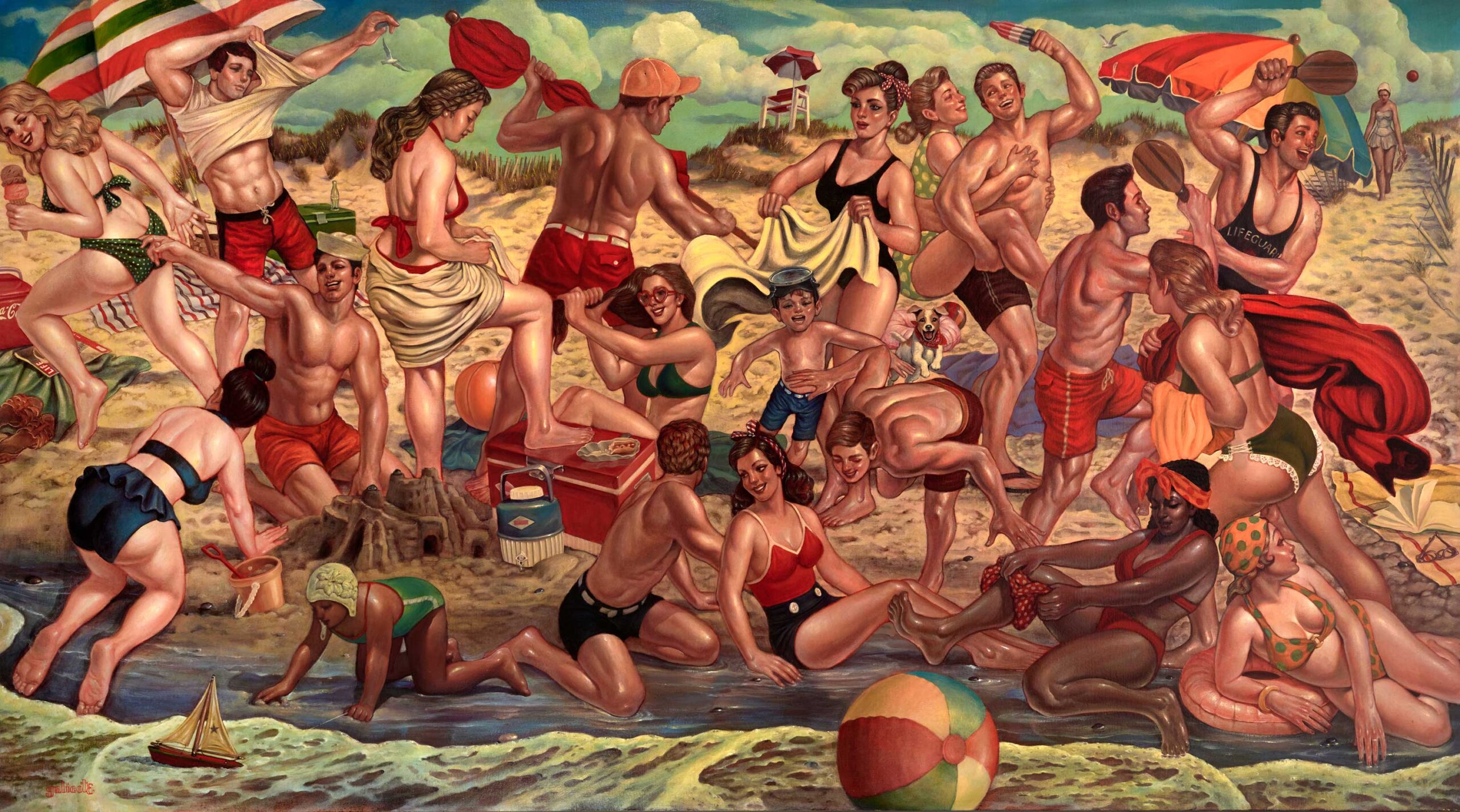 Danny Galieote (b. 1968), "Beach Bevy," c.2020, Oil and acrylic on canvas, 42 x 73 in., The Hilbert Museum of California Art at Chapman University, Gift of the Hilbert Collection