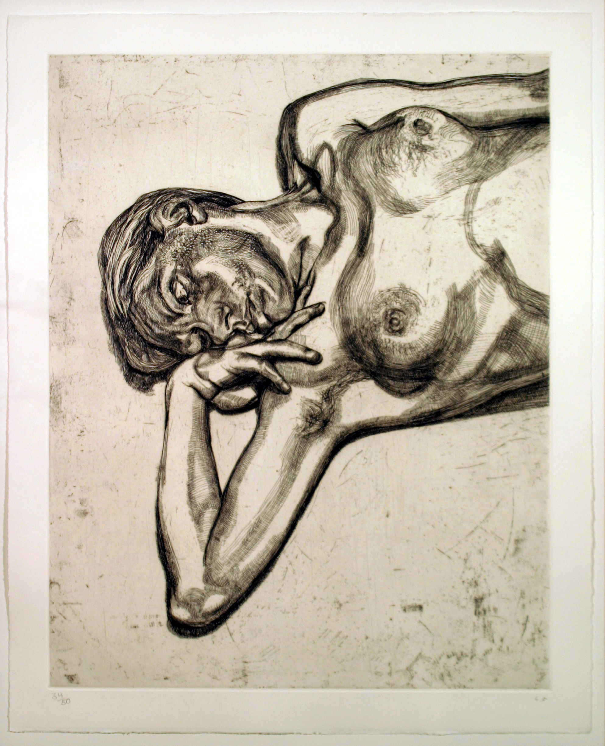 Lucian Freud, "Head and Shoulders of a Girl," 1990, Etching, 77 x 63 cm (30 5/16 x 24 13/16 in), UBS Art Collection © The Lucian Freud Archive. All Rights Reserved 2024 / Bridgeman Images 