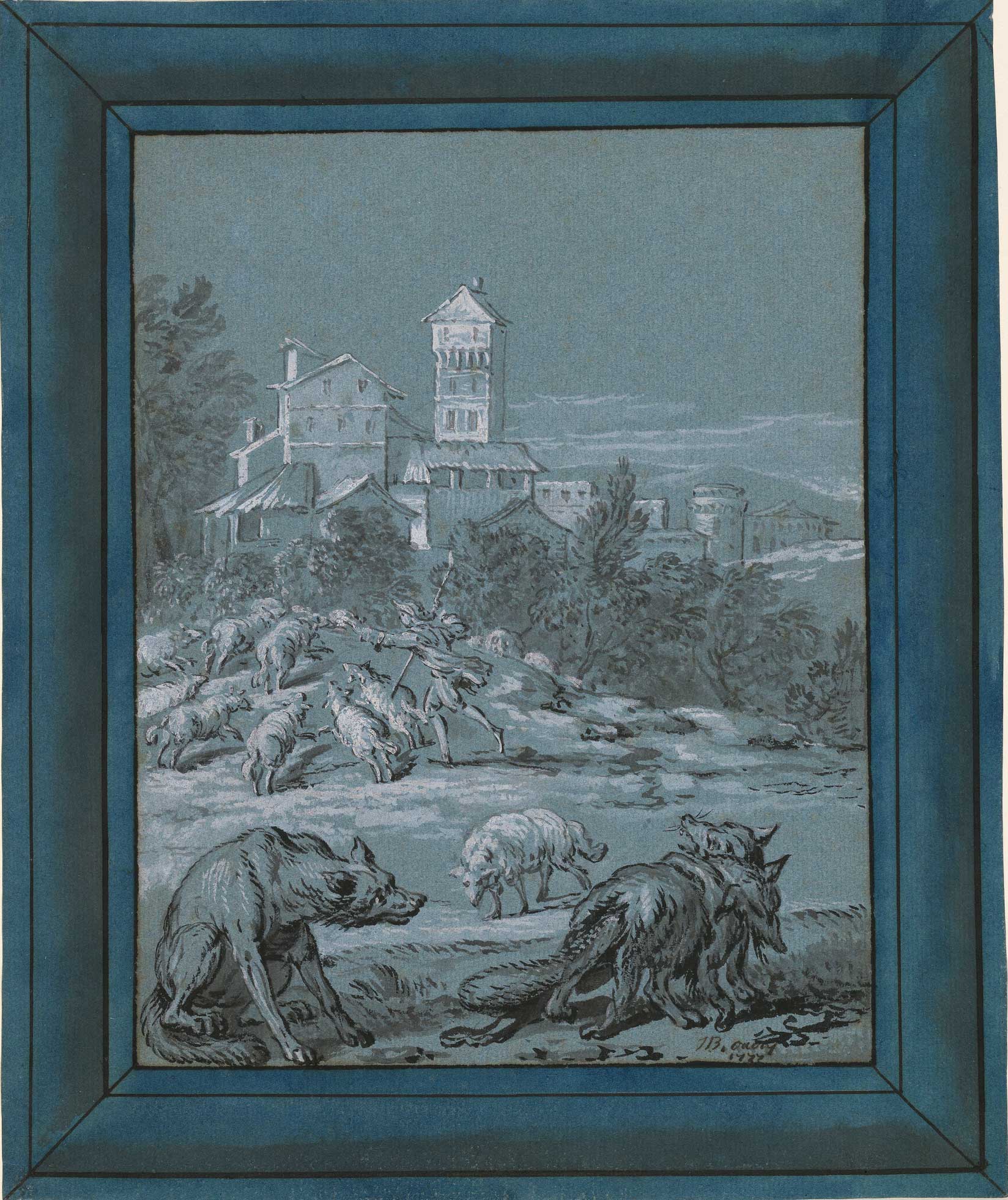Drawing on blue - Jean-Baptiste Oudry, "The Wolf and the Fox"