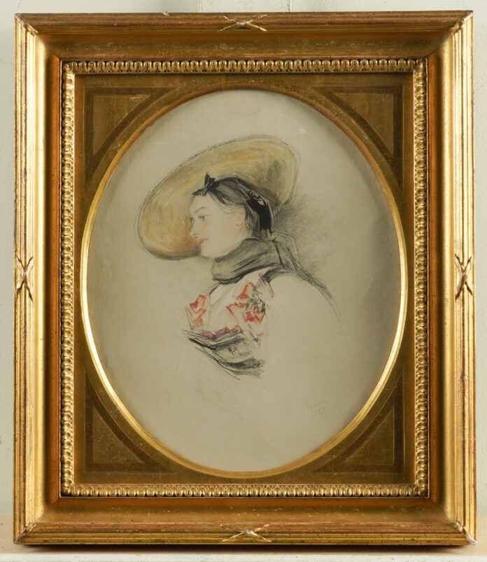 John Frederick Lewis (British, 1805-1876), “Portrait of a lady in a straw hat,” pencil and watercolor, oval, 29 x 24cm, signed and dated 'JF Lewis 1837' (lower right); Provenance Sale, Christies New York, April 5th, 2005, lot 151; Lowell Libson, London; Property of a Nobleman