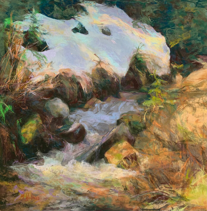oil painting of snow bank with waterfall flowing