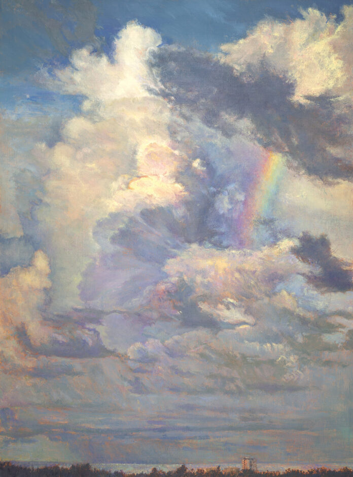 oil painting of rainbow peaking through clouds; sun shining through