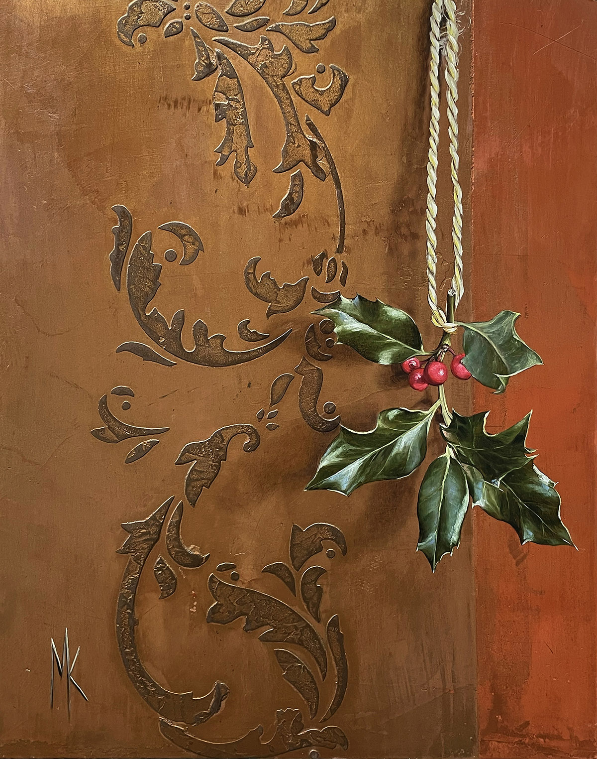 oil painting of mistletoe hanging from a wall; warm light hitting it