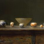 Mystery and Light: David A. Leffel and Sherrie McGraw David A. Leffel (b. 1931), "Antique Chinese Bird Feeders," 2022, oil on canvas, 13 1/2 x 16 1/2 in.