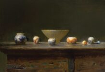Mystery and Light: David A. Leffel and Sherrie McGraw David A. Leffel (b. 1931), "Antique Chinese Bird Feeders," 2022, oil on canvas, 13 1/2 x 16 1/2 in.