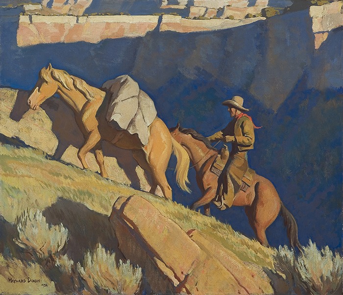 Maynard Dixon, Cowboy and Packhorse, 1934. Oil on canvas, 26 x 30 inches. Ray and Kay Harvey Collection