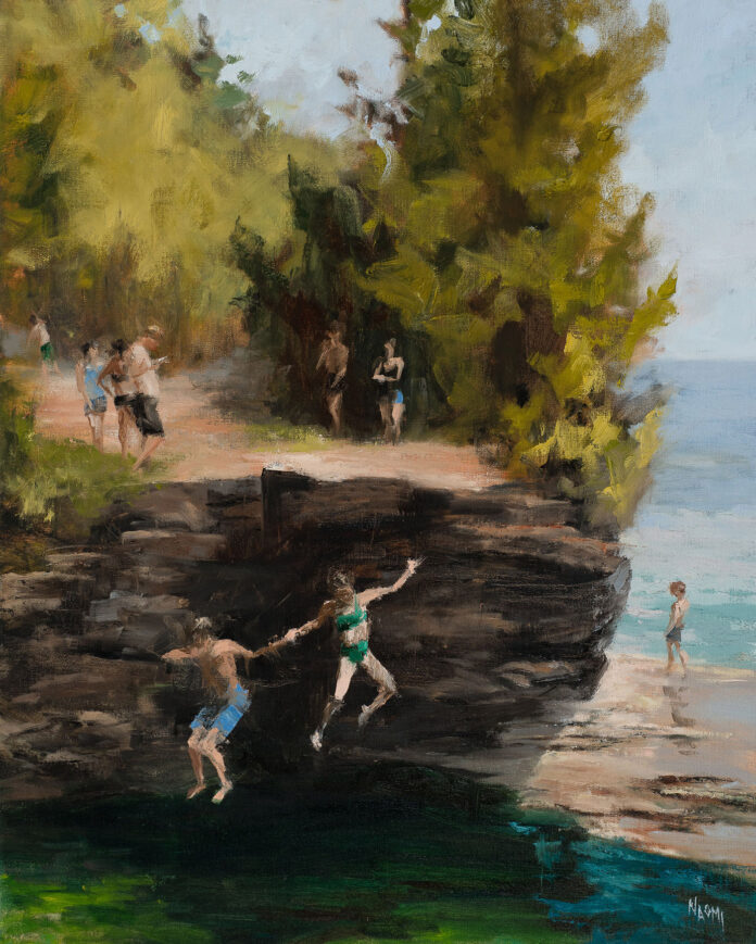 oil painting of jumping off a cliff into a body of water