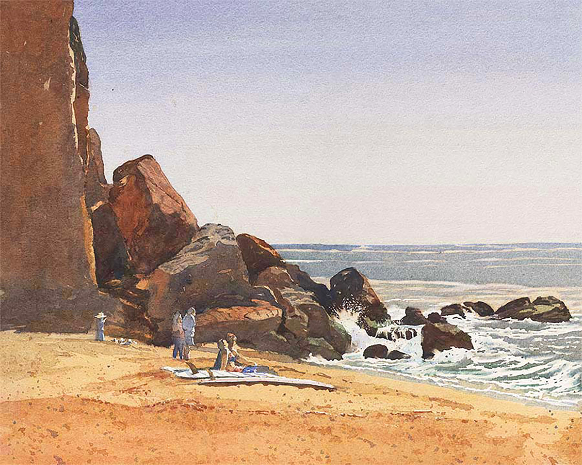 watercolor painting of beach scene with large cliff rocks on left side