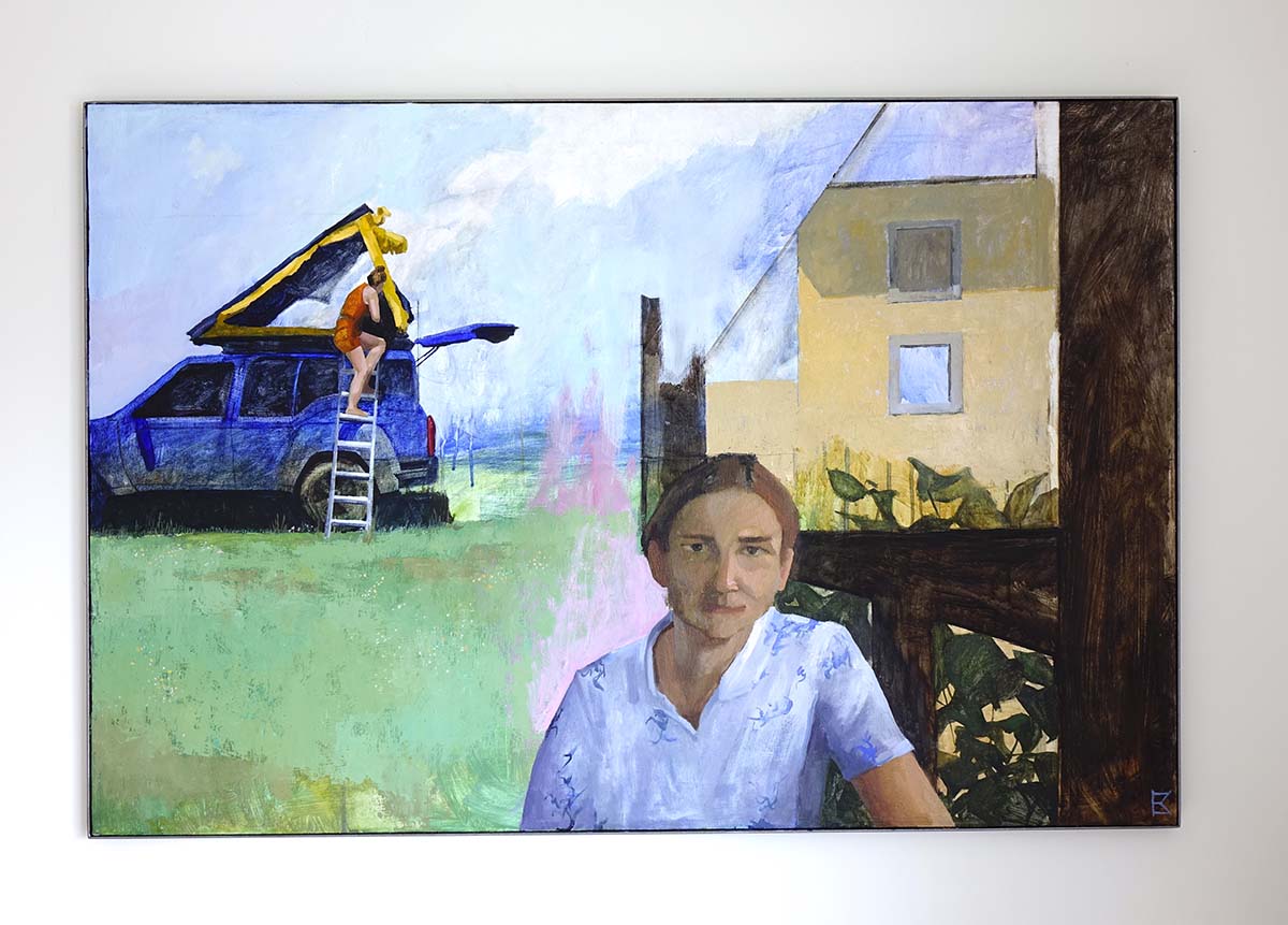 oil painting of person in front, looking at viewer, with house and a person unloading a car in the background