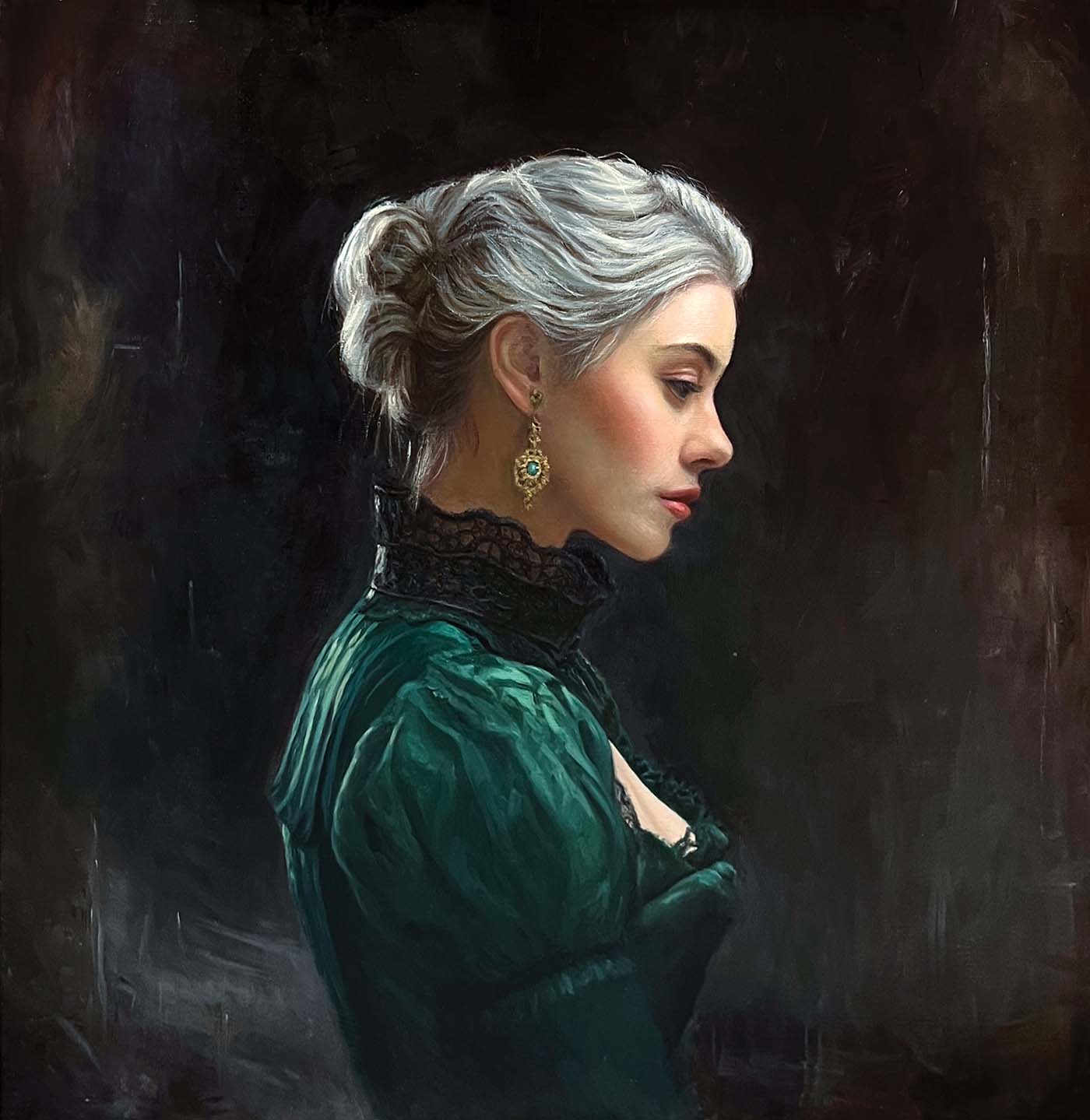 portrait of a profile of a woman looking down, wearing green dress; dark background