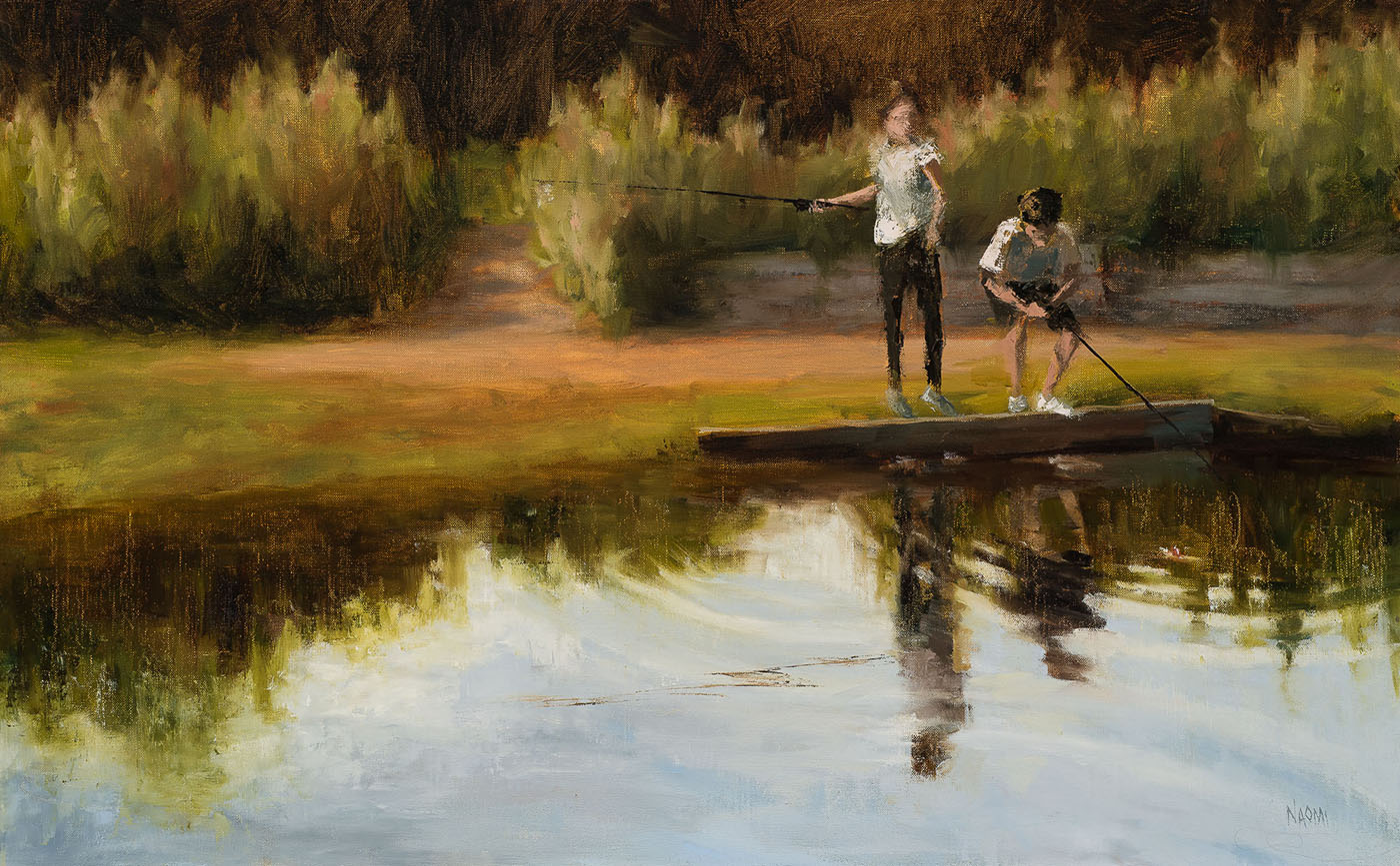 oil painting of two people fishing by water's edge