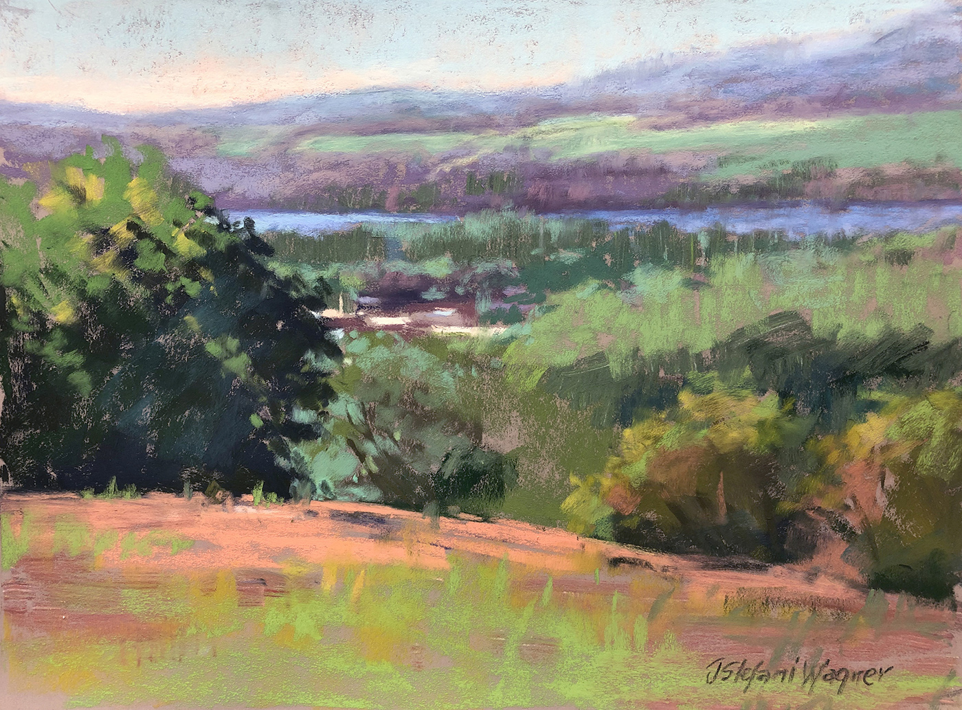 pastel landscape painting with mountains in background; foliage in foreground