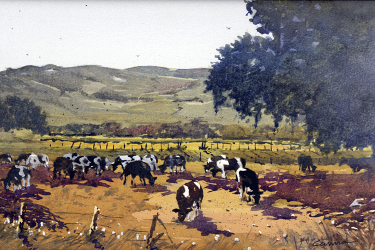watercolor painting of cows grazing on farmland with foliage on mountain range in background