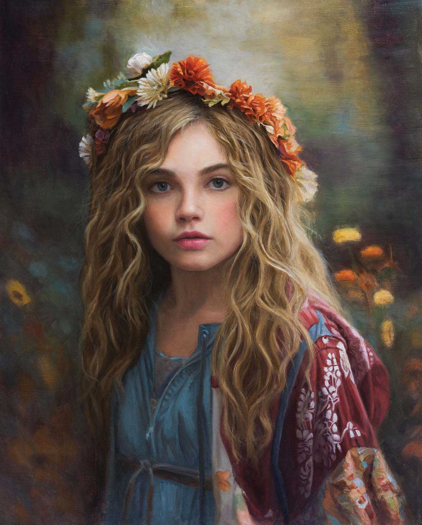 oil painting of a child looking at viewer, wearing a crown of flowers