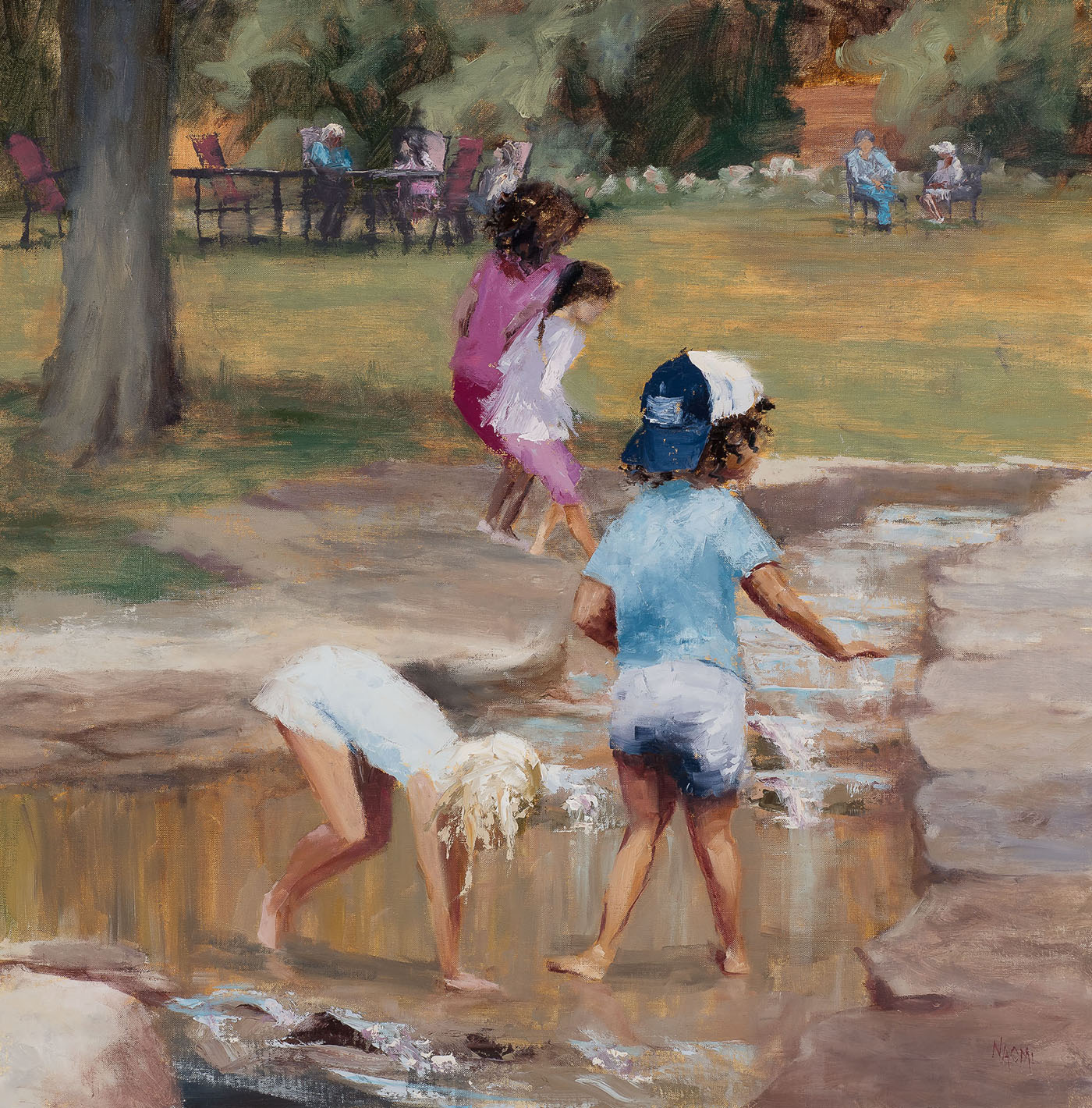 oil painting of children playing in water; park benches in background