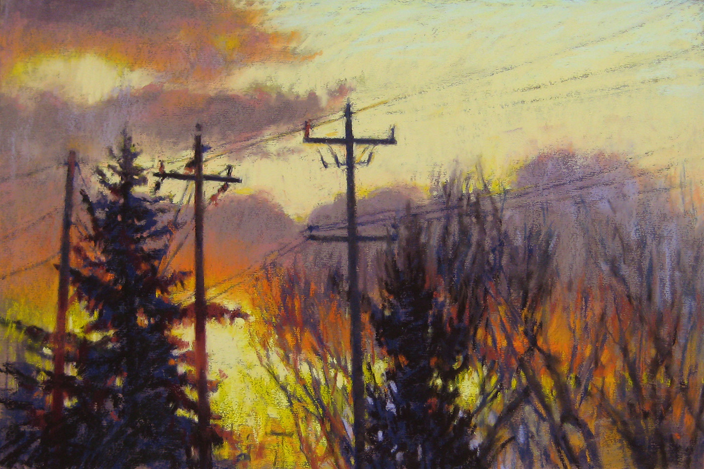 pastel painting of sunset; power lines in foreground
