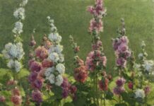 Clyde Aspevig Honored at Governors Art Show Clyde Aspevig, "Hollyhocks," 60 x 48 in.