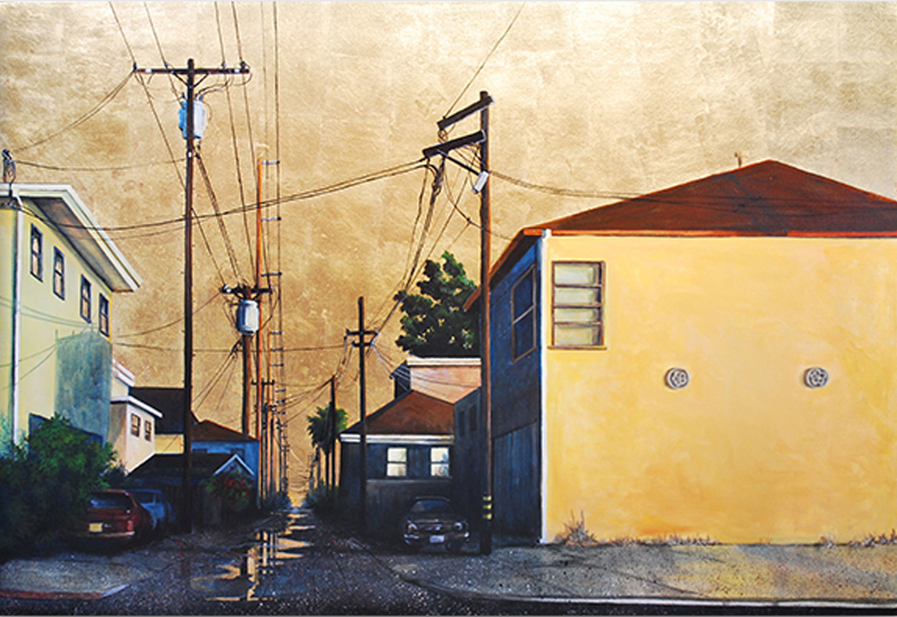 Duke Windsor, "Golden Sunrise Alley," acrylic and gold leaf, 72 x 50 in.