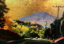 Urban Landscapes = Spiritual Introspection Duke Windsor, "Mt. San Miguel," acrylic and gold leaf, 86.25 x 50.25 in.