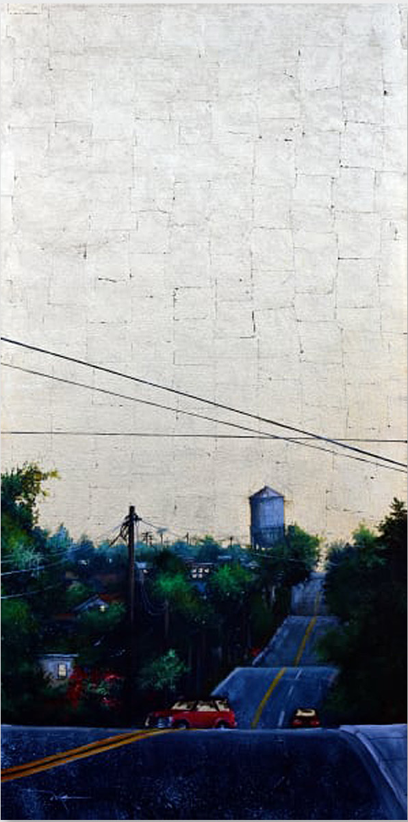 Duke Windsor, "Howard Avenue (North Park Tower)," acrylic and gold leaf, 24 x 48 in.