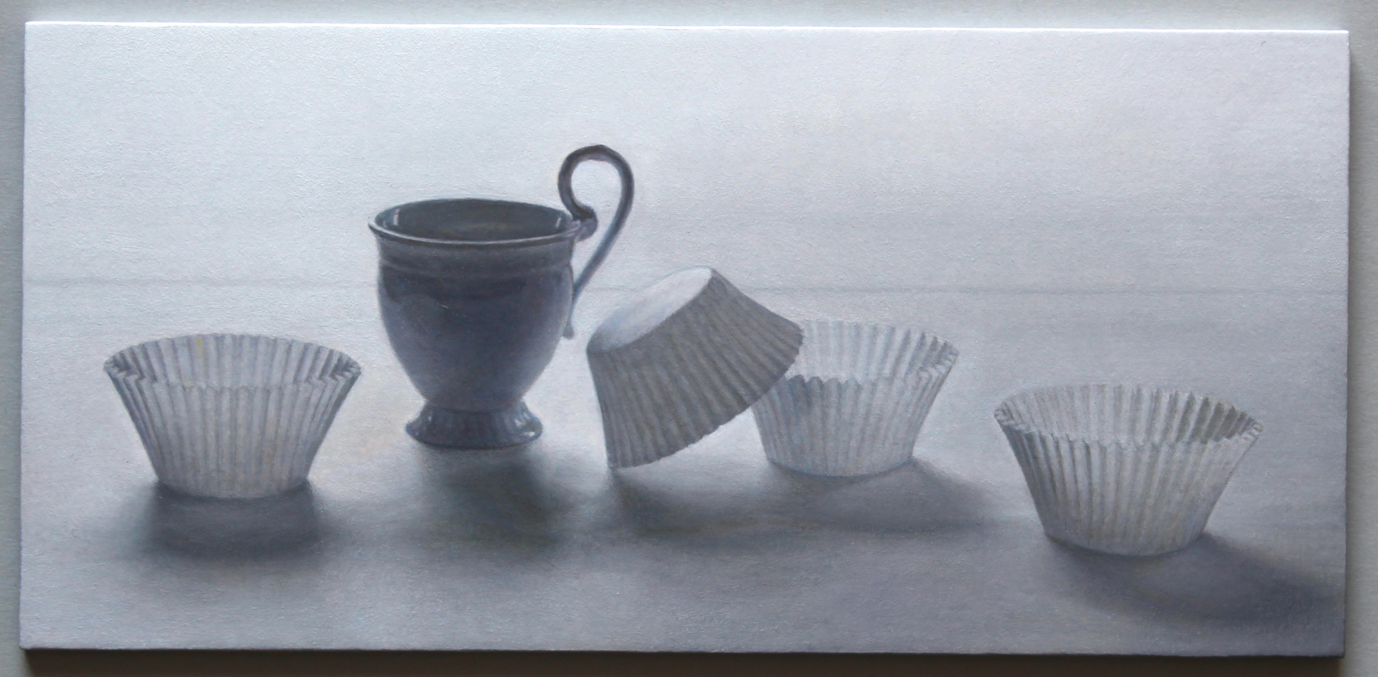 Lucy Mackenzie, "Cup and Paper Cases," 2020, coloured pencil on paper, 6 x 3 ½ inches 