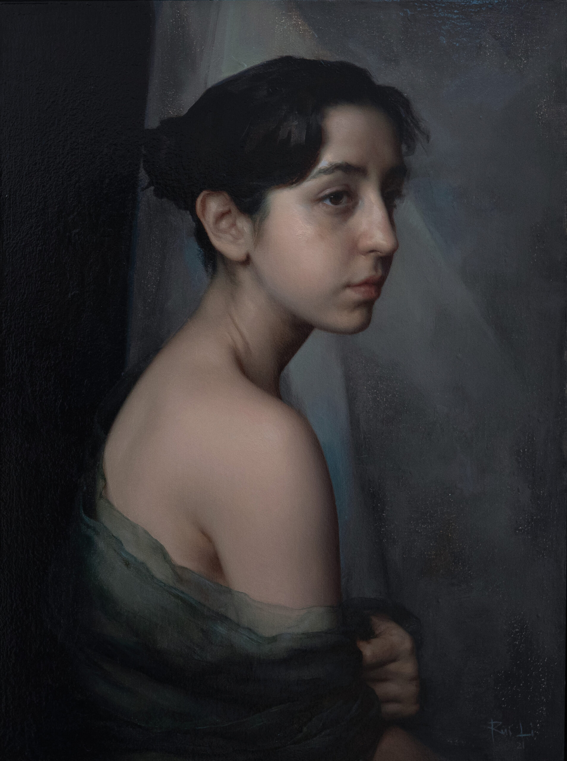 Rachel Li (b. 1995), "The Silk Wrap," 2022, oil on panel, 24 x 18 in., permanent collection of the New Salem Museum & Academy of Fine Art (Massachusetts)