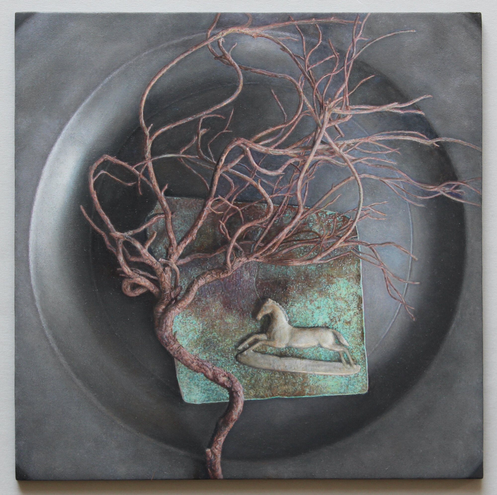 Lucy Mackenzie, "Pewter Plate with Found Objects (Horse and Branch)," 2020, oil on board, 5 ½ x 5 ½ inches 