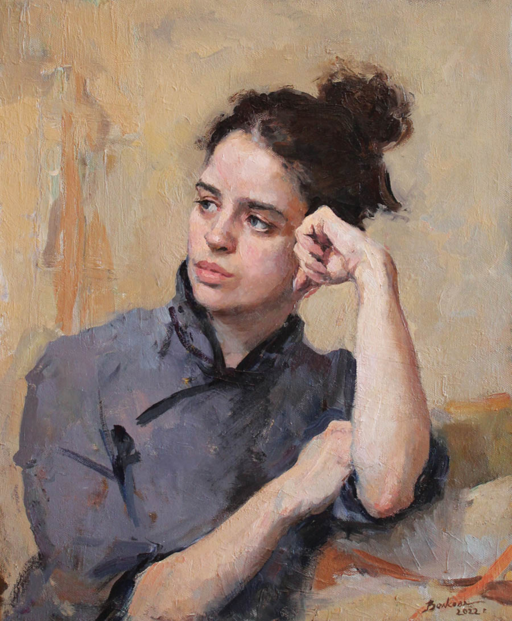 Collecting Art - Olga Volkova (b. 1994), "Portrait of Anna, 2022, oil on canvas, 23 1/2 x 19 1/2 in., Collection Tom Vining, featured in Fine Art Connoisseur (March/April 2024)