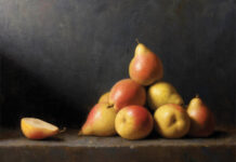 Is this a Golden Age for Realism? Justin Wood (b. 1982), "Pears," 2022, oil on canvas on board, 14 x 18 in., available through the artist