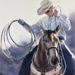 Featured Artwork: Caitlin Leline-Hatch watercolor painting of close shot of a cowboy on his horse, using his rope