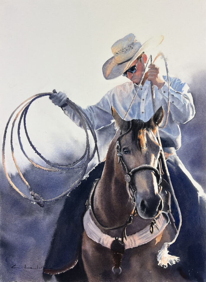 watercolor painting of close shot of a cowboy on his horse, using his rope