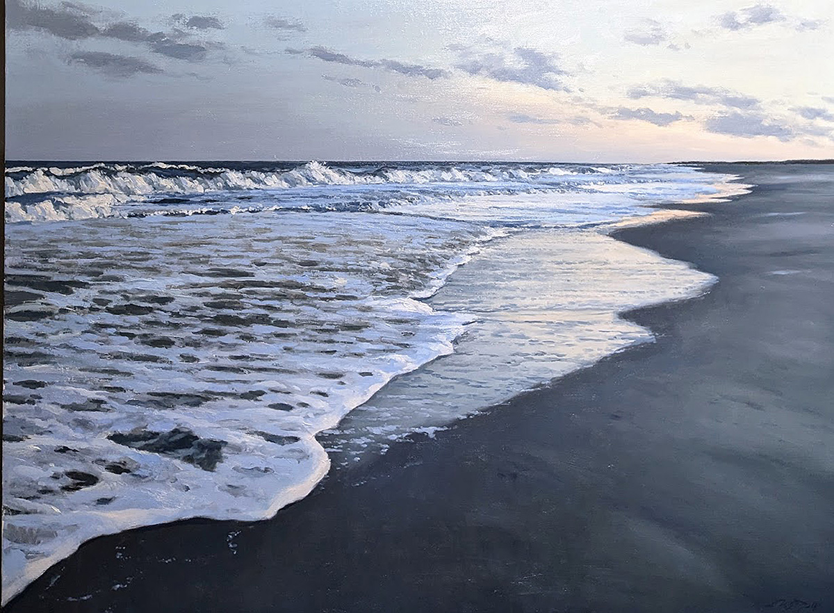 oil painting of shoreline with waves and tide; post sunset