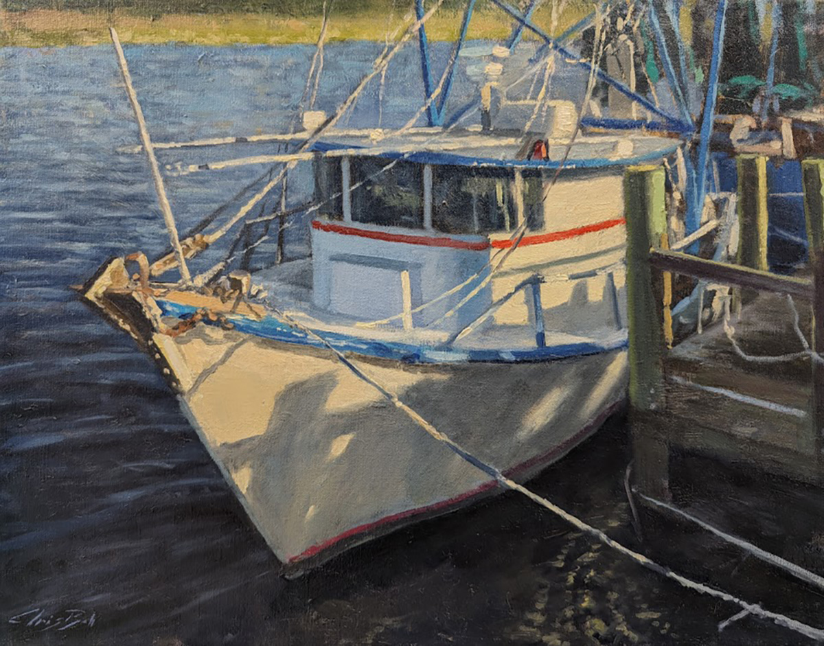 oil painting of shrimp boat docked