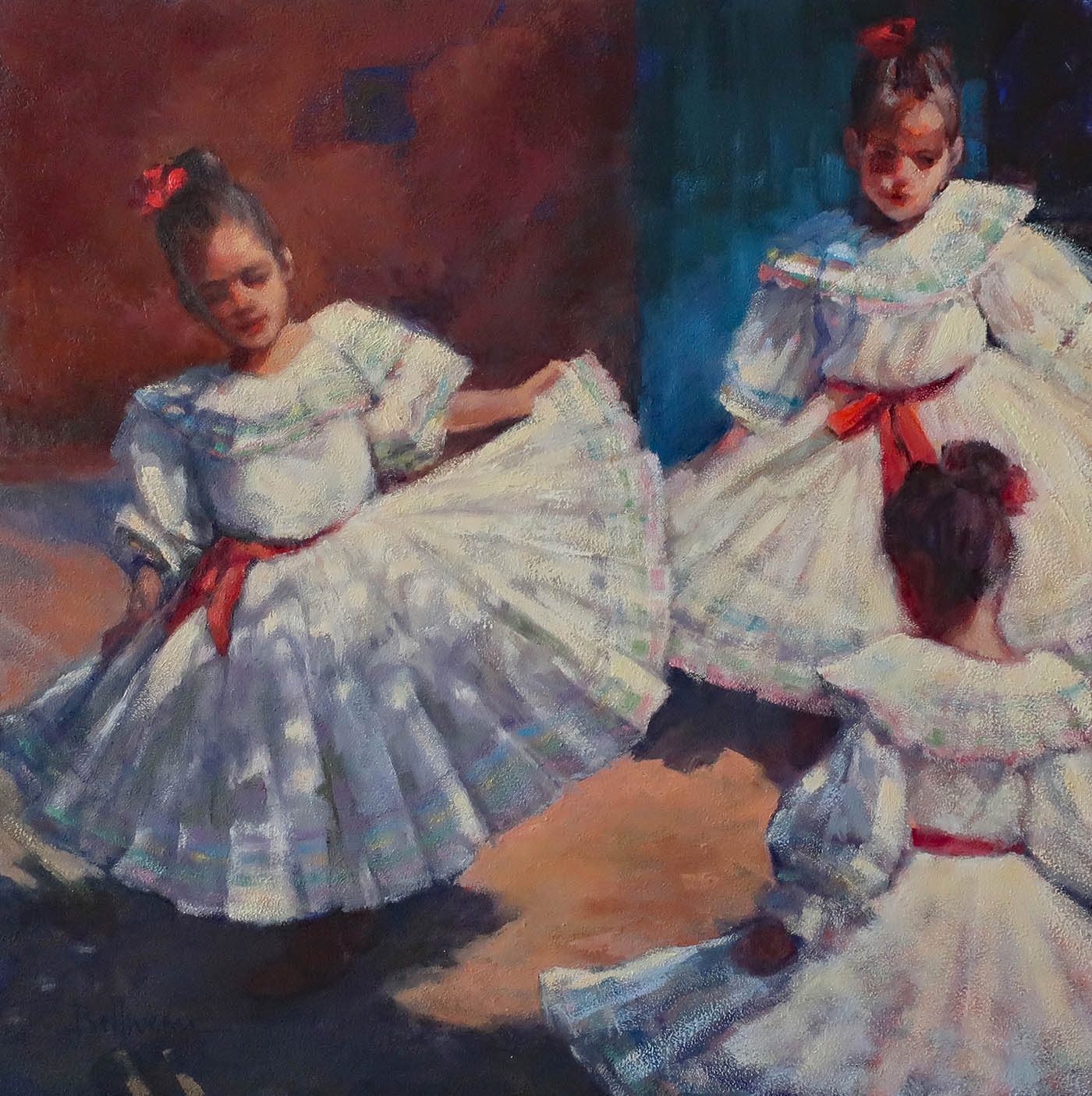 oil on wood painting of 3 women dancing in white 