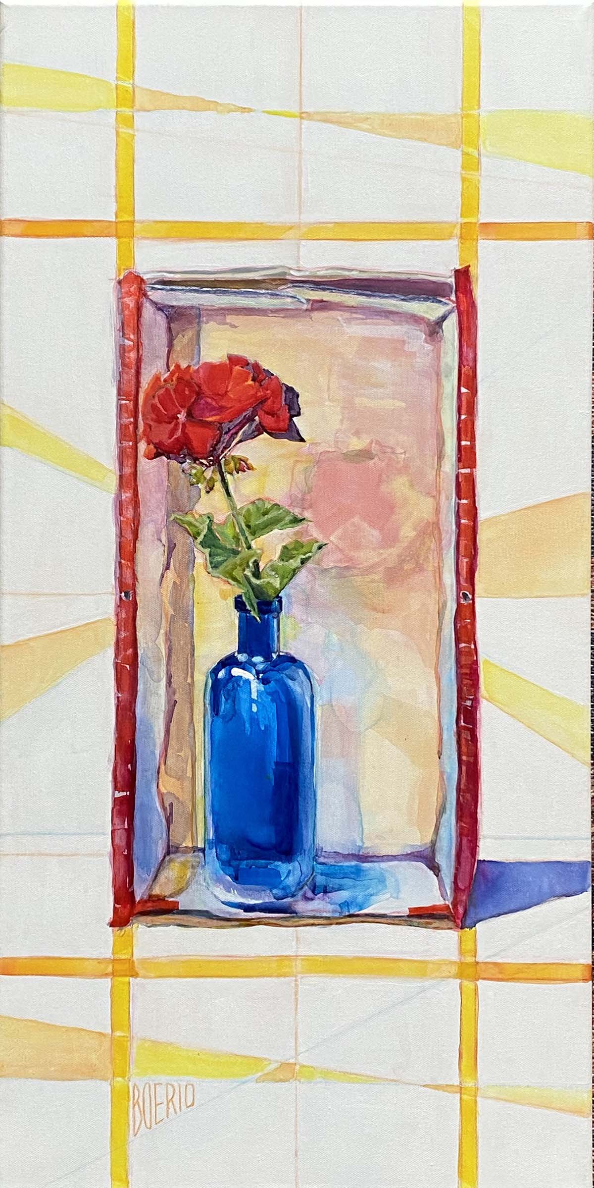 acrylic painting of a rose in a vase, with geometrical background