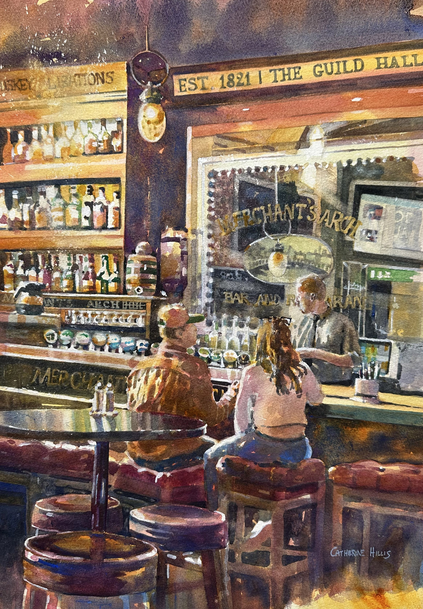 watercolor painting of two people talking in a bar