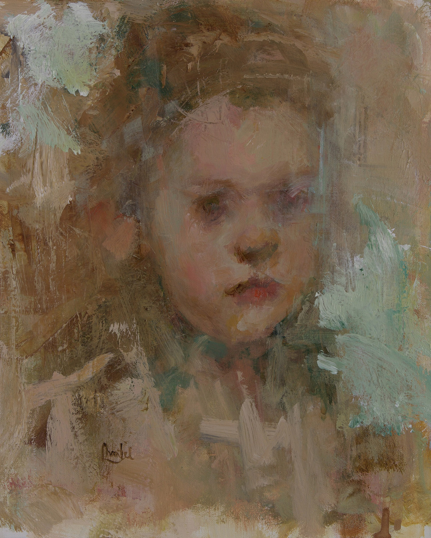 portrait acrylic painting of a child looking at the viewer; brushed background