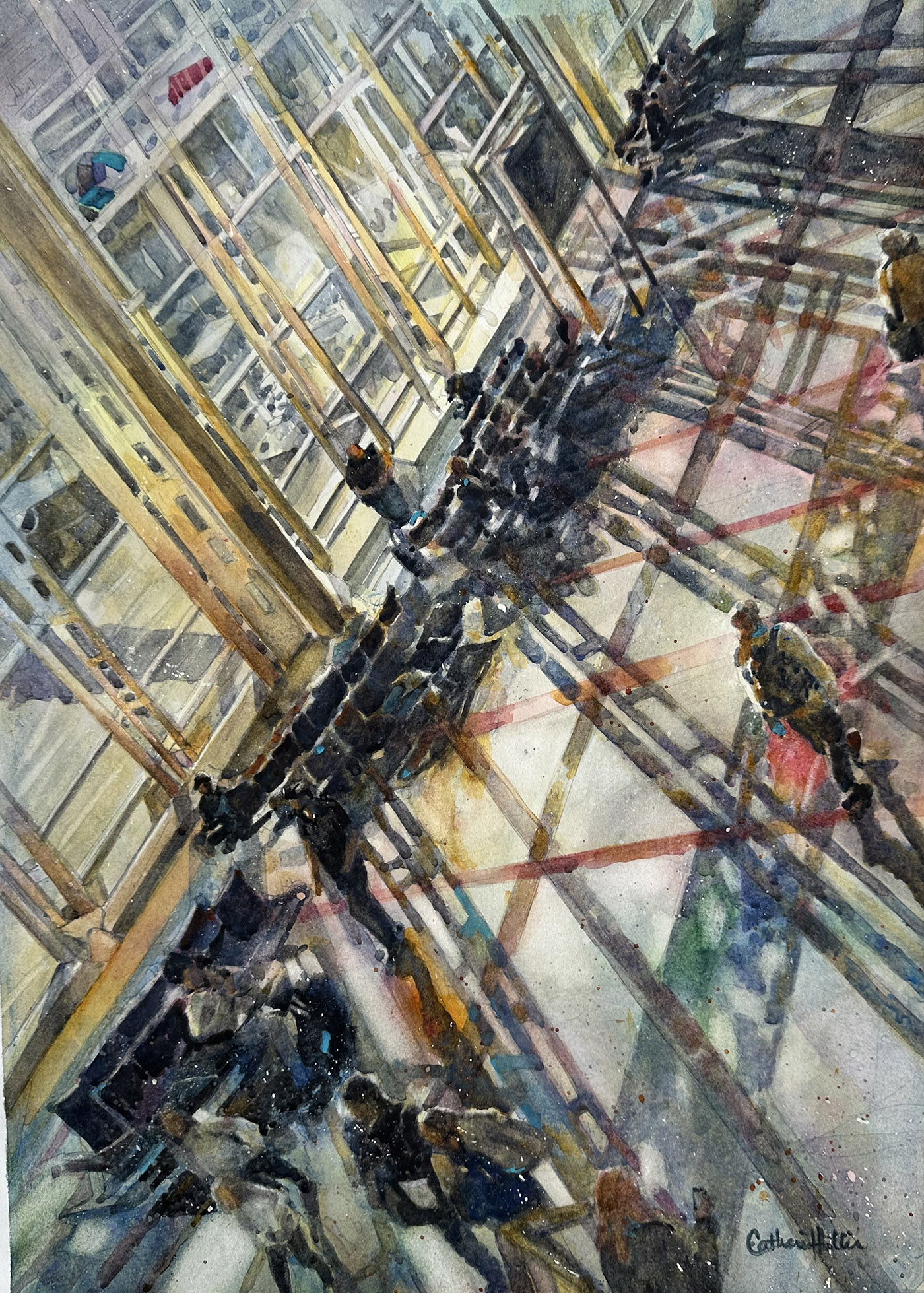 watercolor painting of unique bird's eye view of a busy location with people 