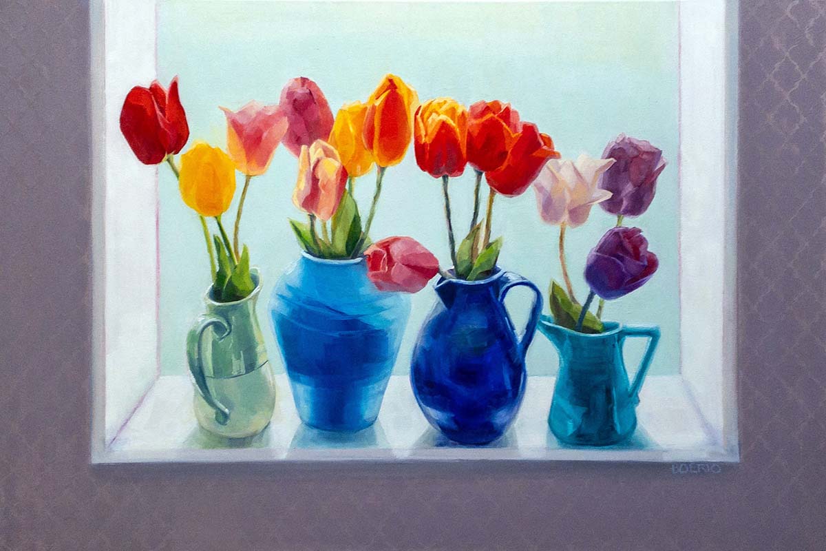 acrylic painting of multiple flowers in vases, placed by a window