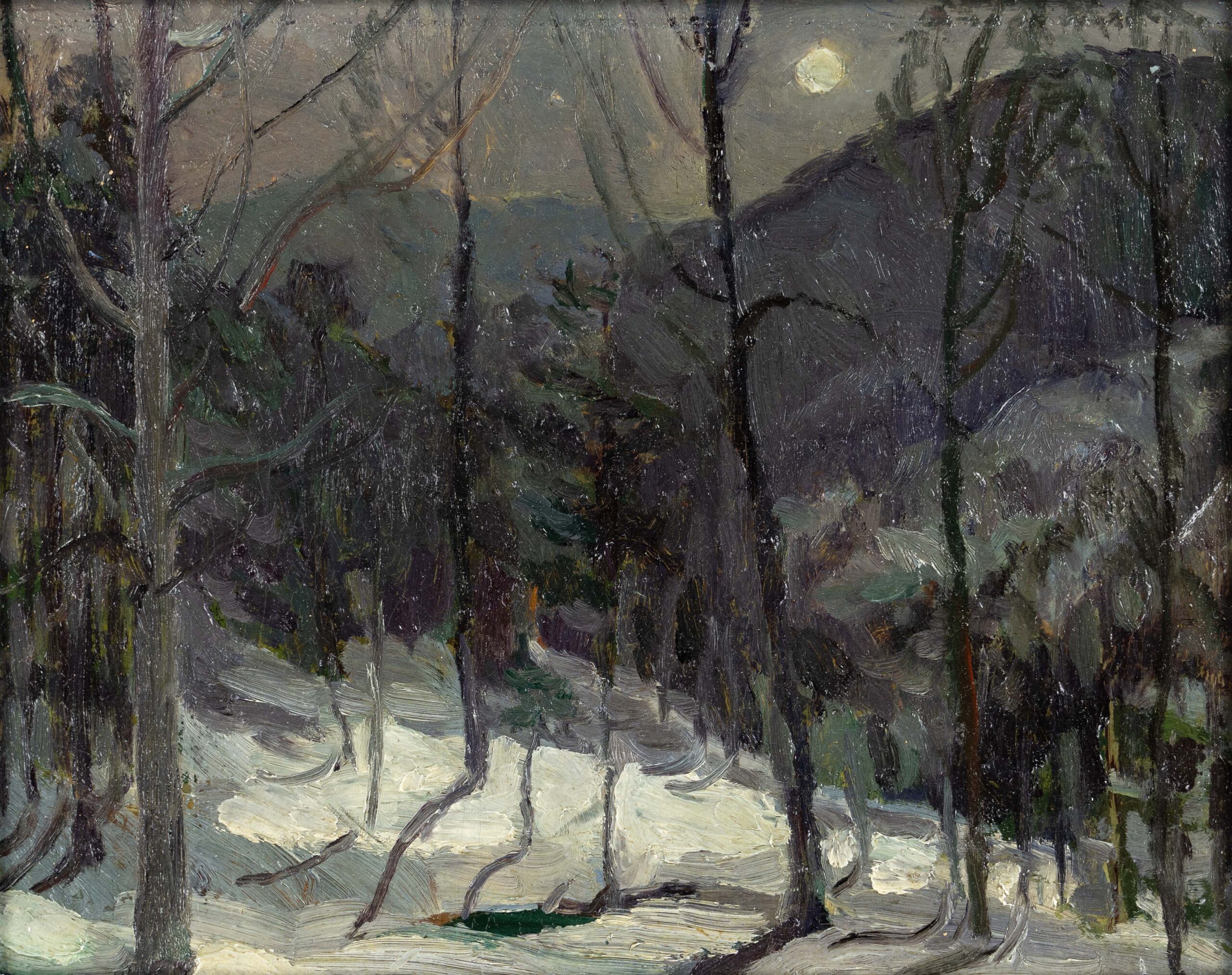 Elizabeth White, "Moonlight Montreat," not dated, oil on panel, 8 × 10 inches. Courtesy of Allen & Barry Huffman, Asheville Art Museum
