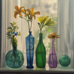 On View: Masters of Realism realism still life - Scott Prior, "Flowers in Bottles," oil on canvas, 24 x 24", 61 x 61 cm
